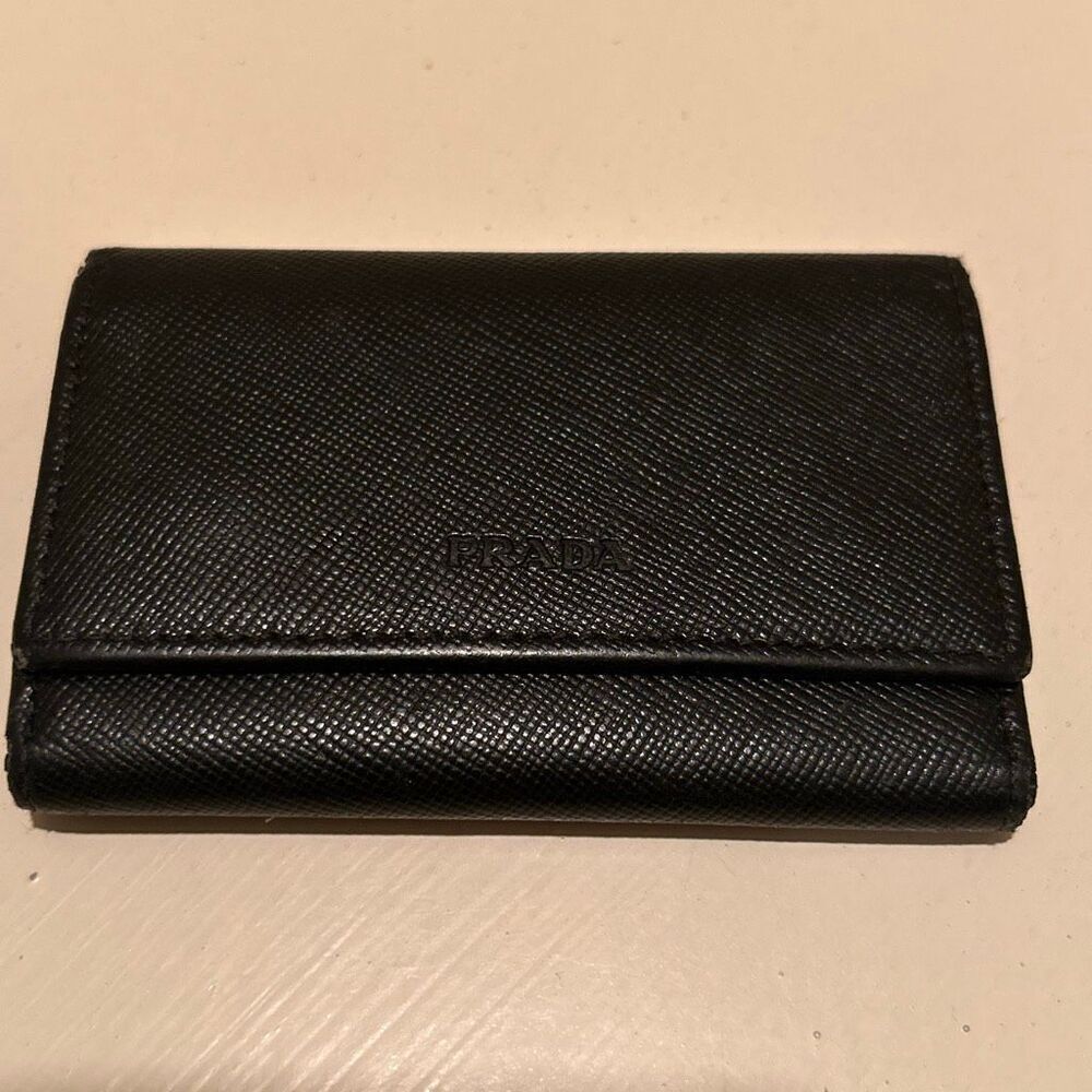 Prada Trifold Key Holder Card Wallet Black Leather Keycase Minimalist Luxury